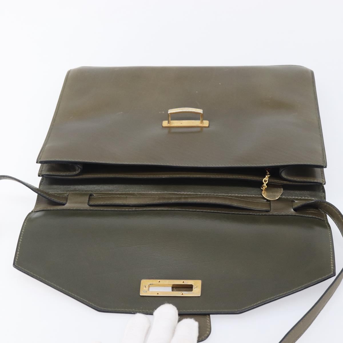 CELINE Shoulder Bag Leather Khaki Gold Auth 209858