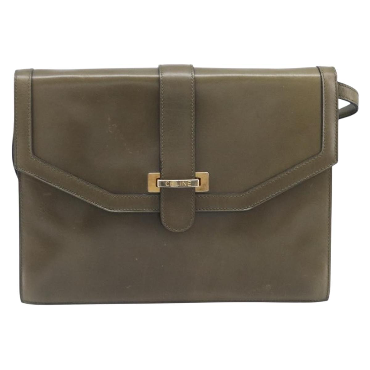 CELINE Shoulder Bag Leather Khaki Gold Auth 209858