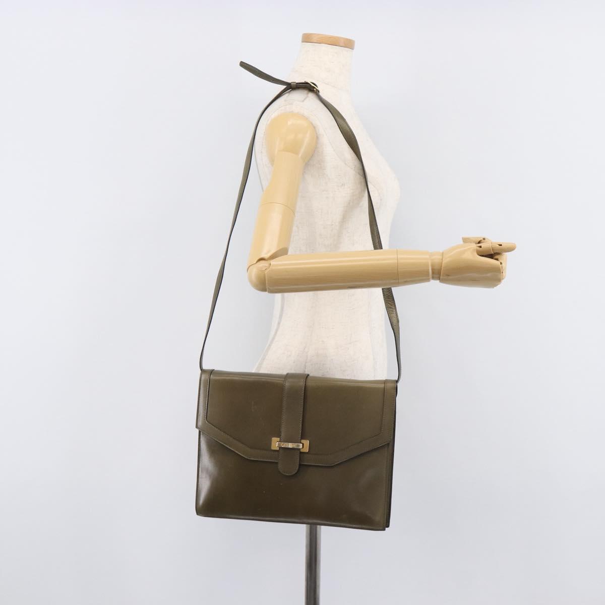 CELINE Shoulder Bag Leather Khaki Gold Auth 209858