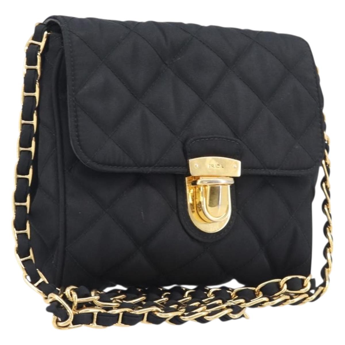 PRADA Chain Shoulder Bag Nylon Black Gold Auth 209862A