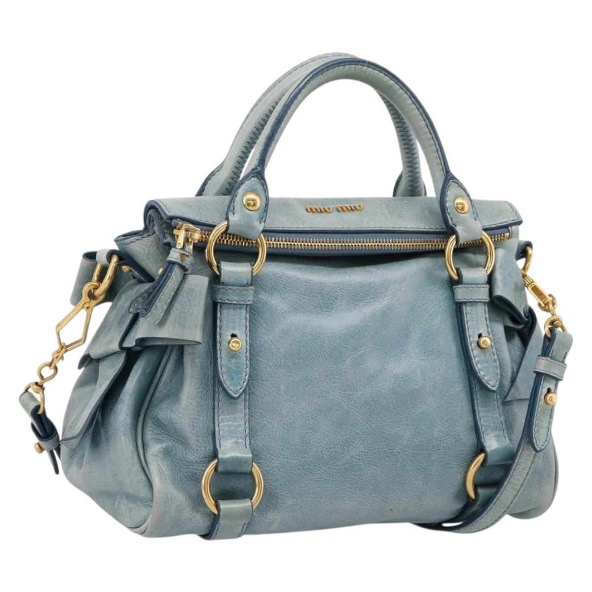 Miu Miu Hand Bag Vitellolux 2way Light Blue Gold Auth 209866V