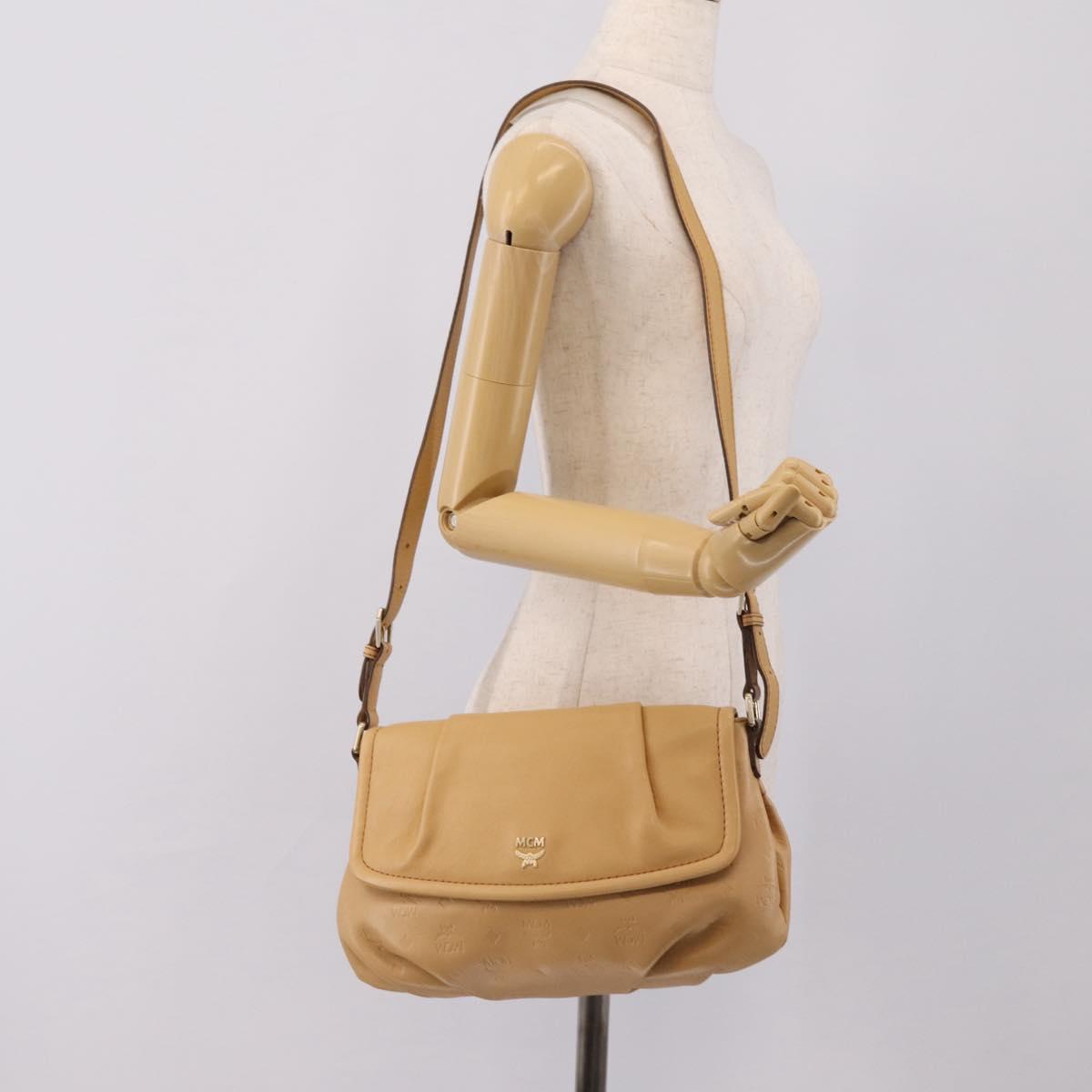MCM Vicetos Logogram Shoulder Bag Leather Beige Gold Auth 209876A