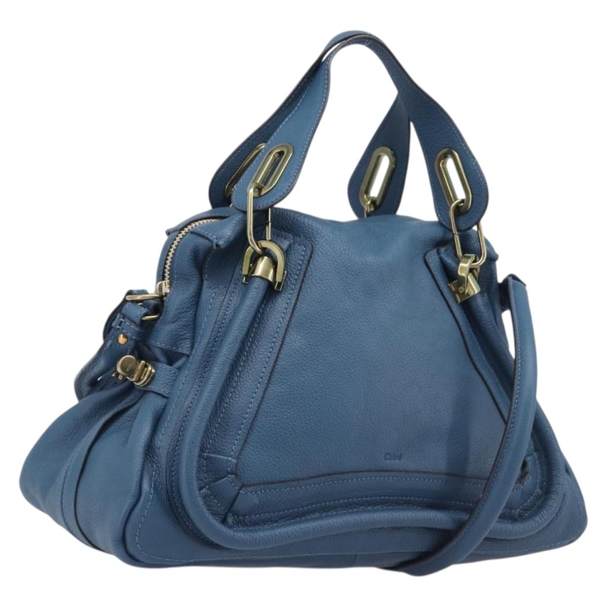 Chloe Paraty Hand Bag Leather 2way Blue Gold Auth 209886V