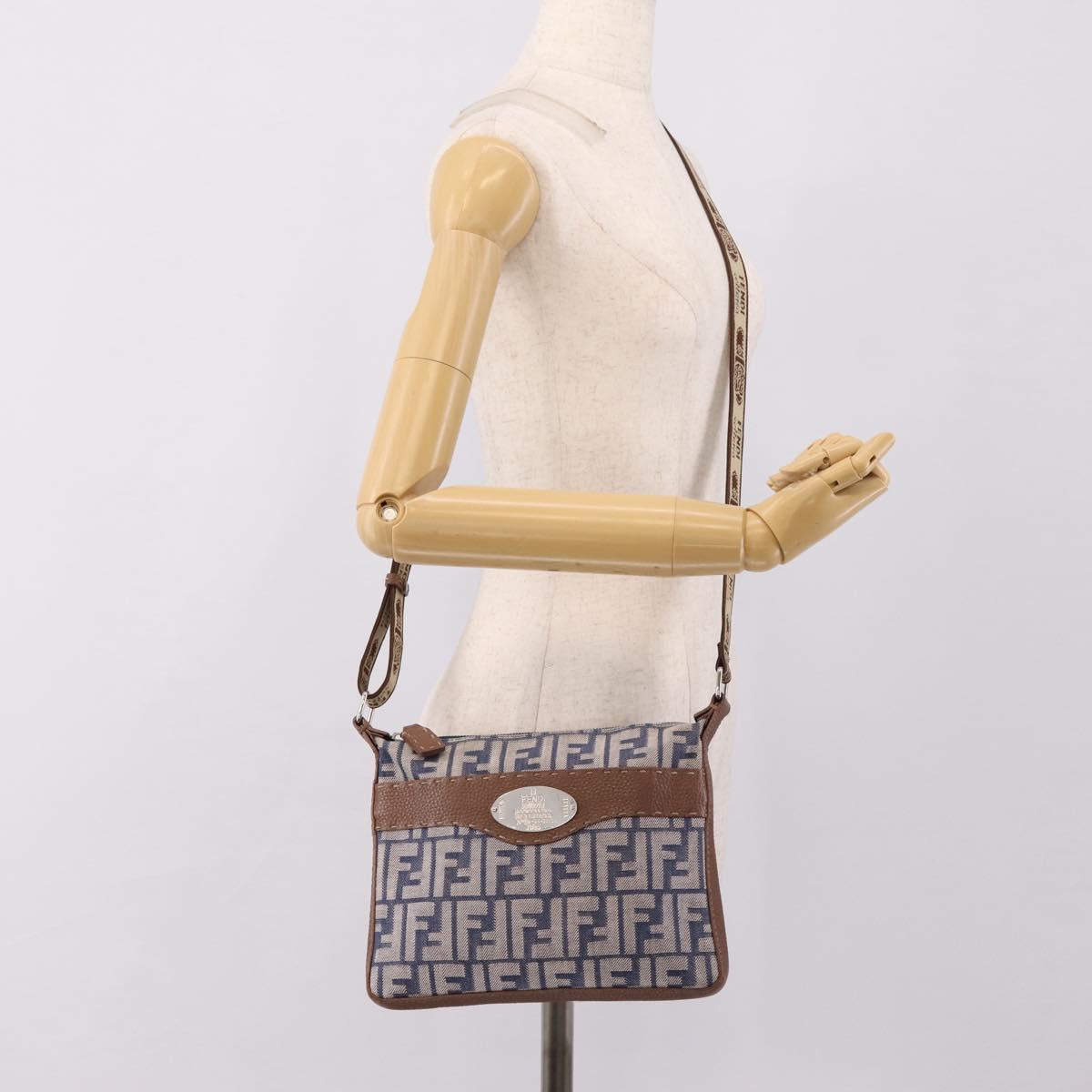 FENDI Zucca Canvas Celeria Shoulder Bag Navy Silver 8BT092 Auth 209895A