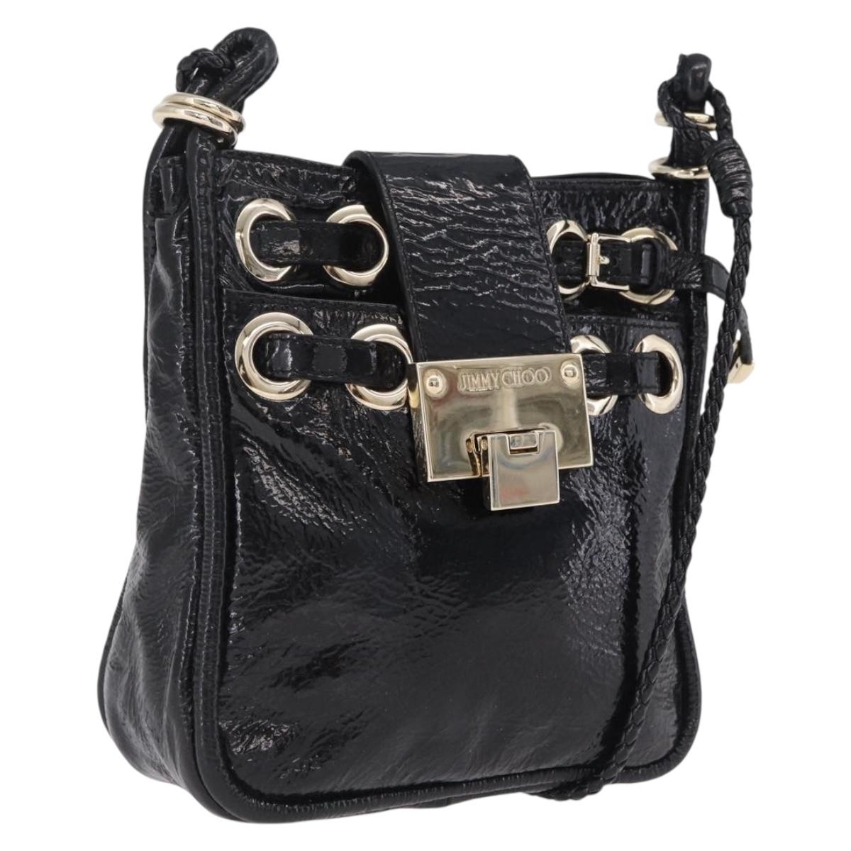 Jimmy Choo Shoulder Bag Patent Leather Black Gold Auth 209896A