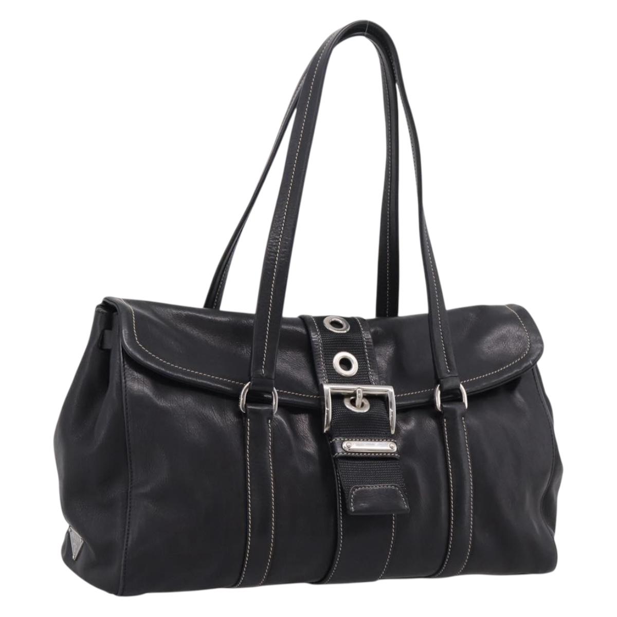 PRADA Shoulder Bag Leather Black Silver Auth 209900V