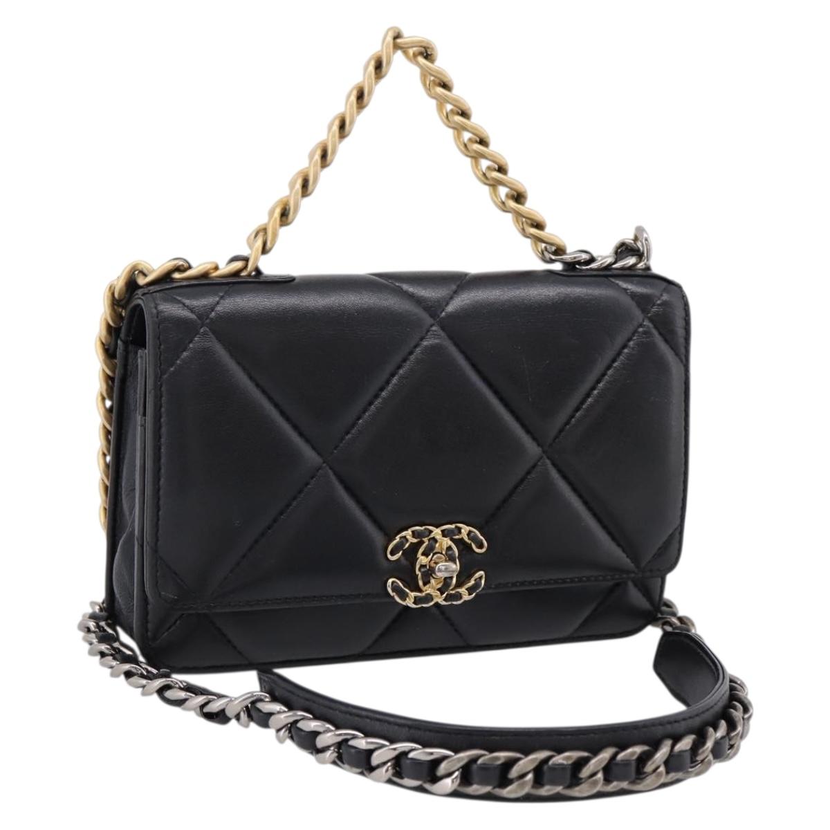 CHANEL Matelasse19 Chain Shoulder Bag Leather 2way Black Gold CC Auth 209912M
