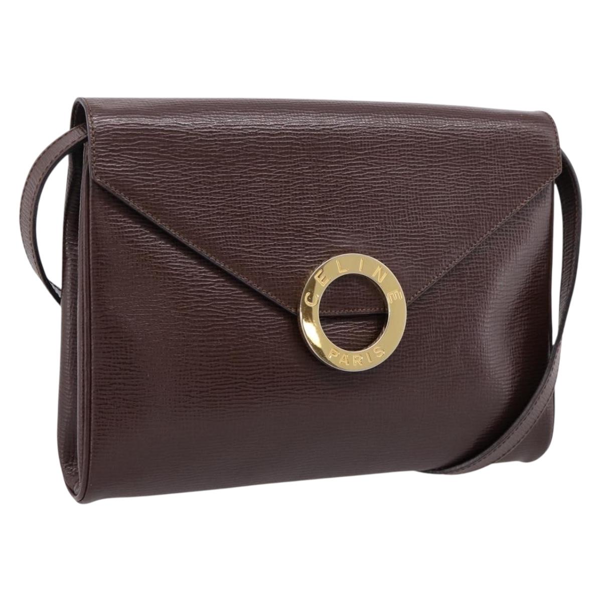 CELINE Circle Shoulder Bag Leather Brown Gold Auth 209917V