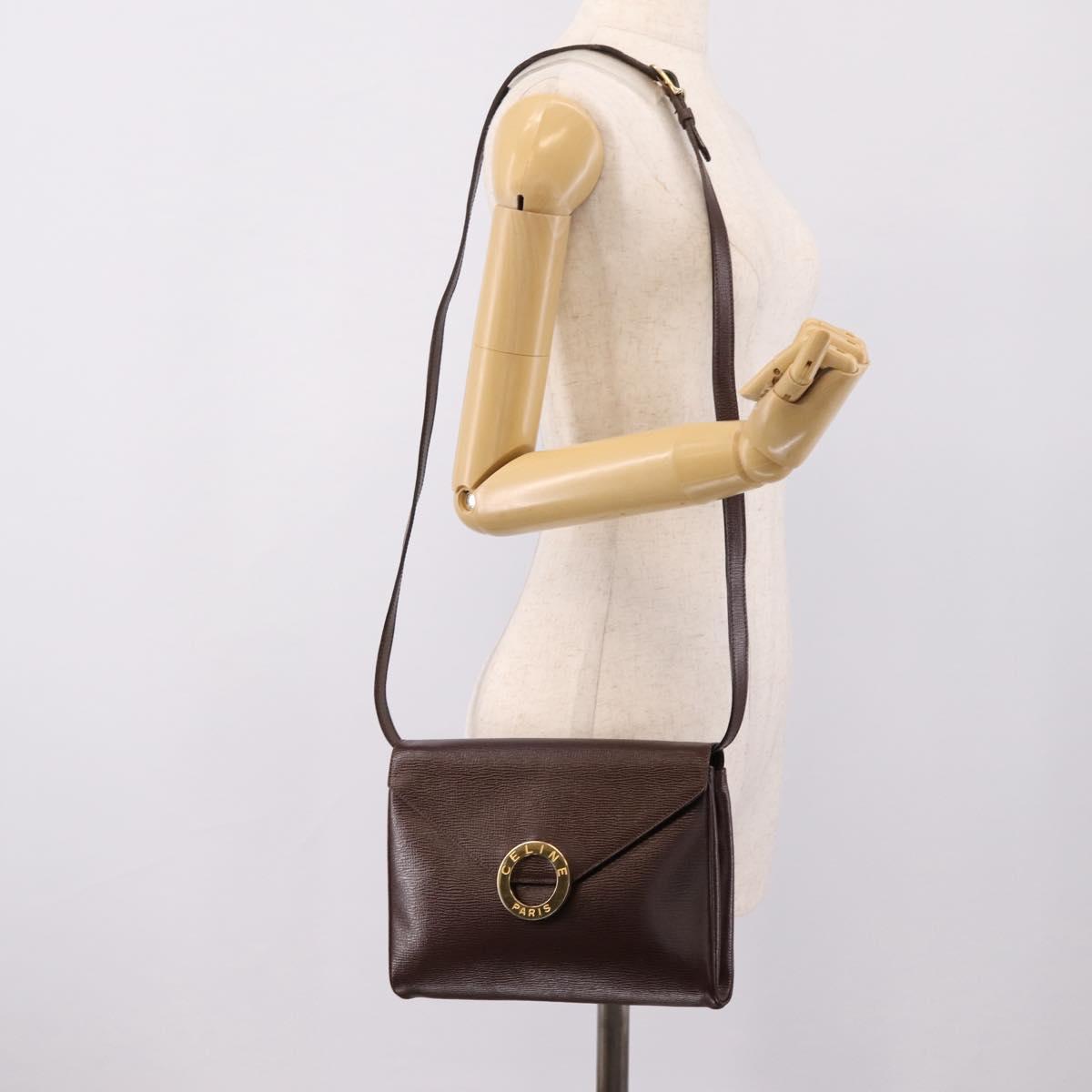 CELINE Circle Shoulder Bag Leather Brown Gold Auth 209917V