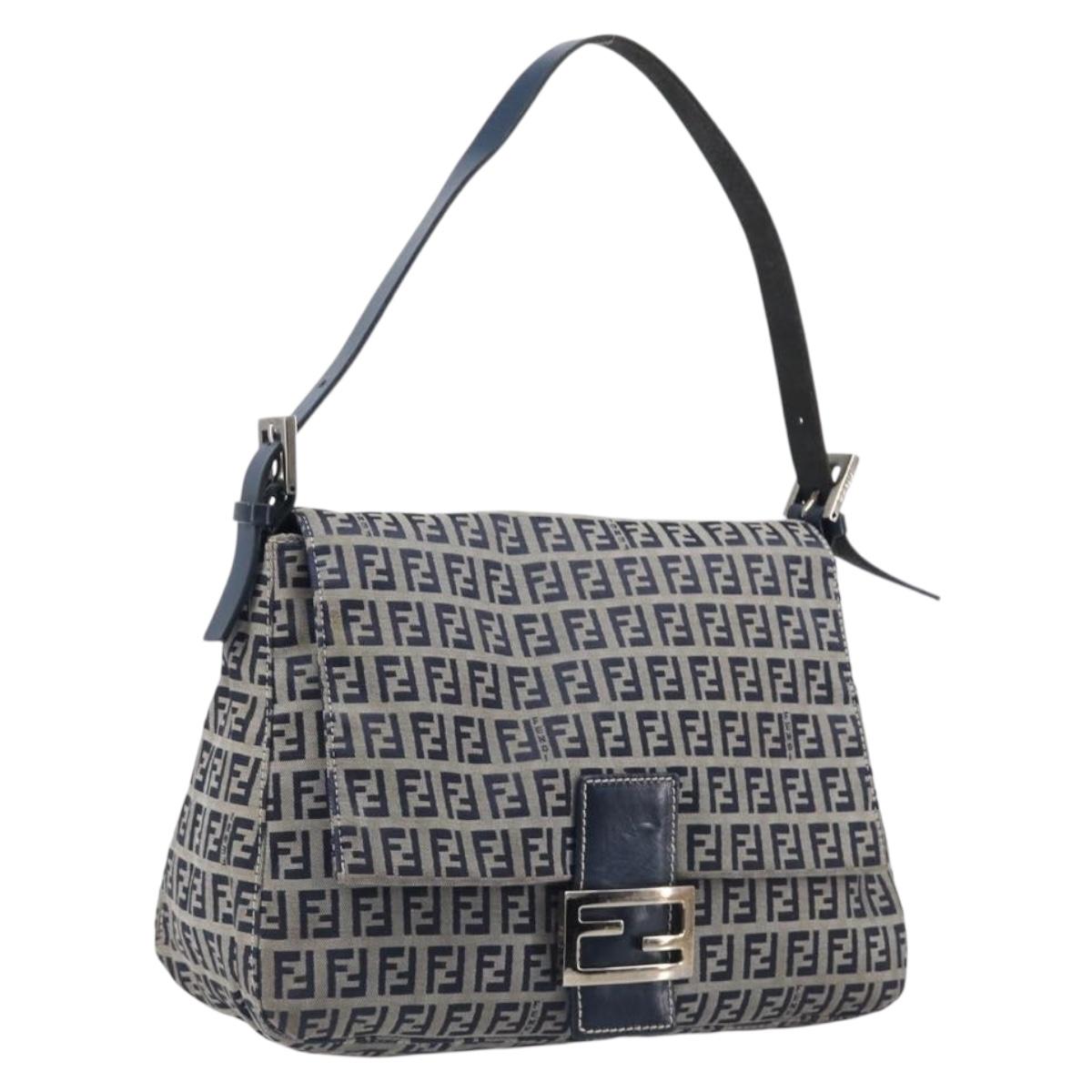 FENDI Zucchino Canvas Mamma Baguette Shoulder Bag Navy Silver 26325 Auth 209921V