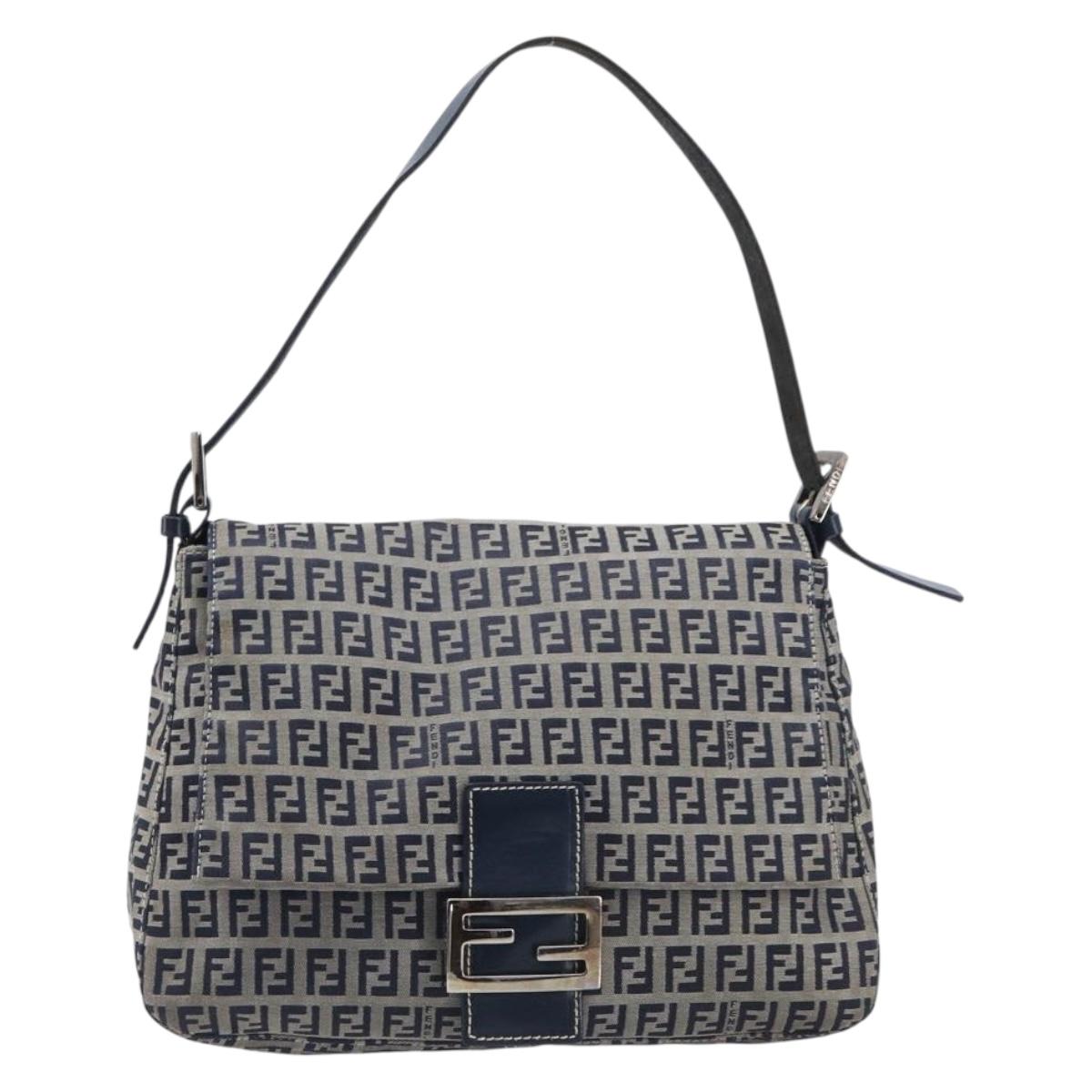 FENDI Zucchino Canvas Mamma Baguette Shoulder Bag Navy Silver 26325 Auth 209921V