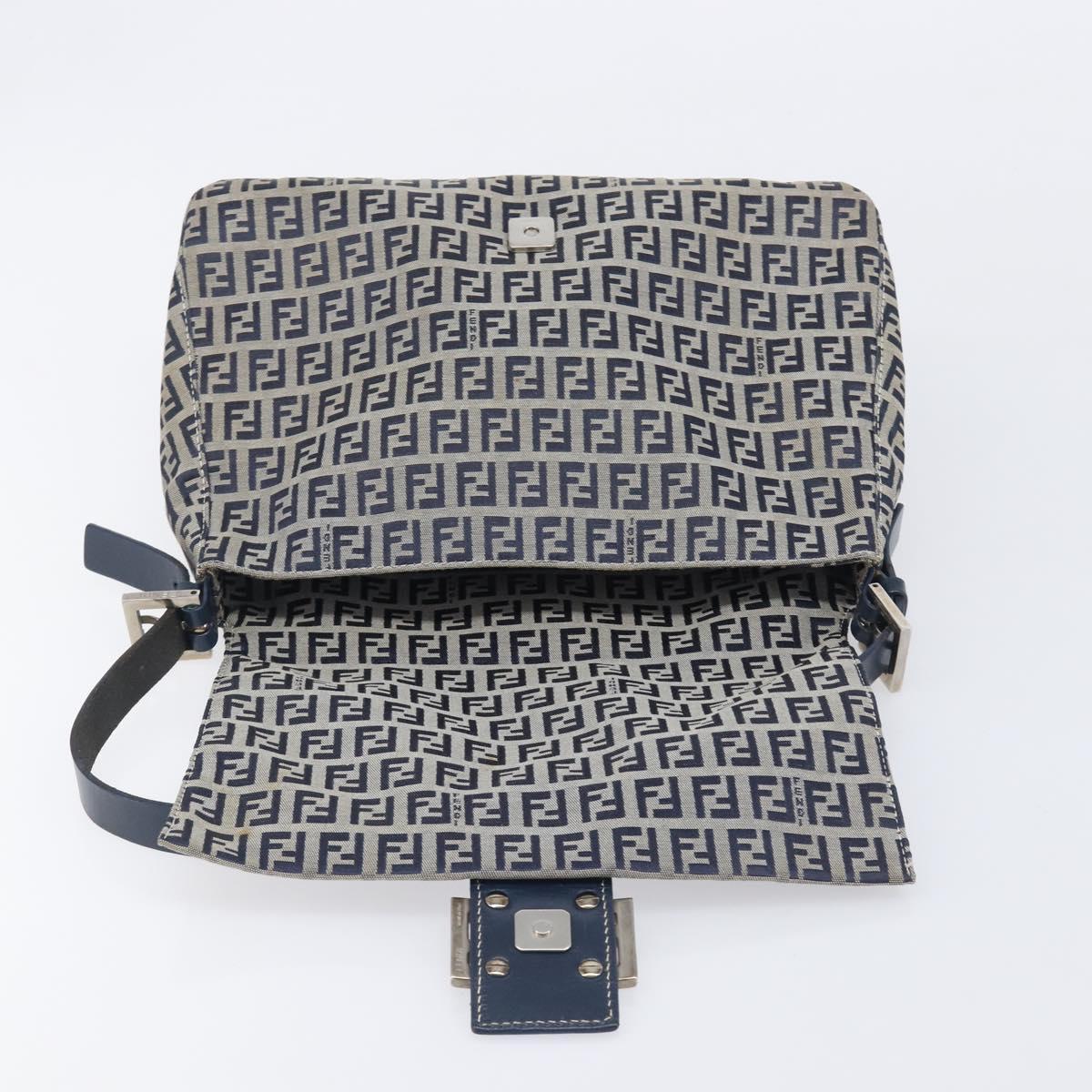 FENDI Zucchino Canvas Mamma Baguette Shoulder Bag Navy Silver 26325 Auth 209921V
