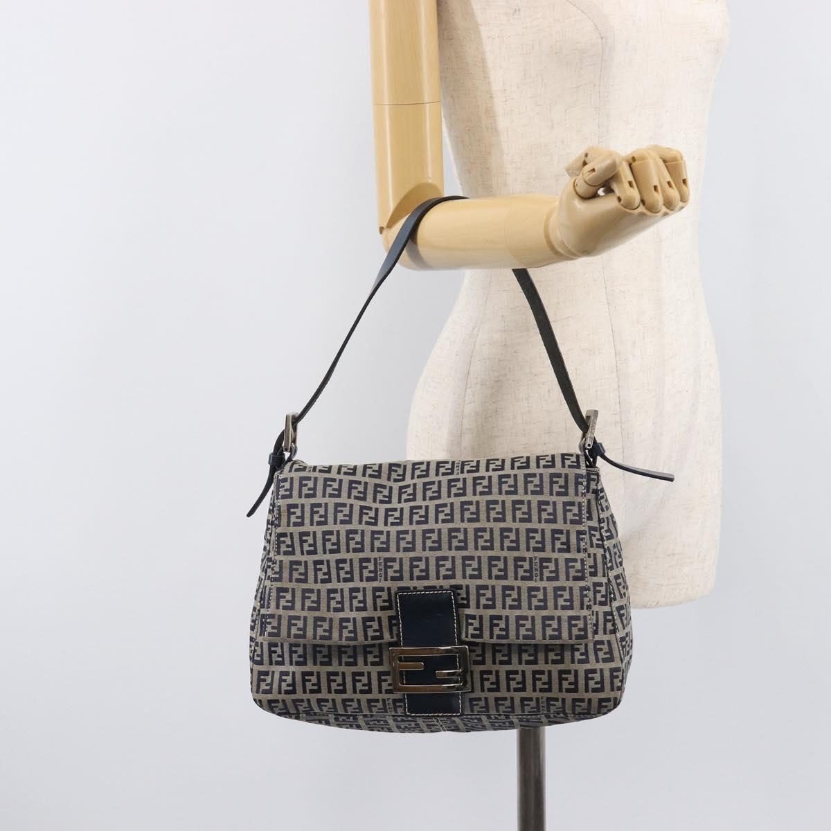 FENDI Zucchino Canvas Mamma Baguette Shoulder Bag Navy Silver 26325 Auth 209921V