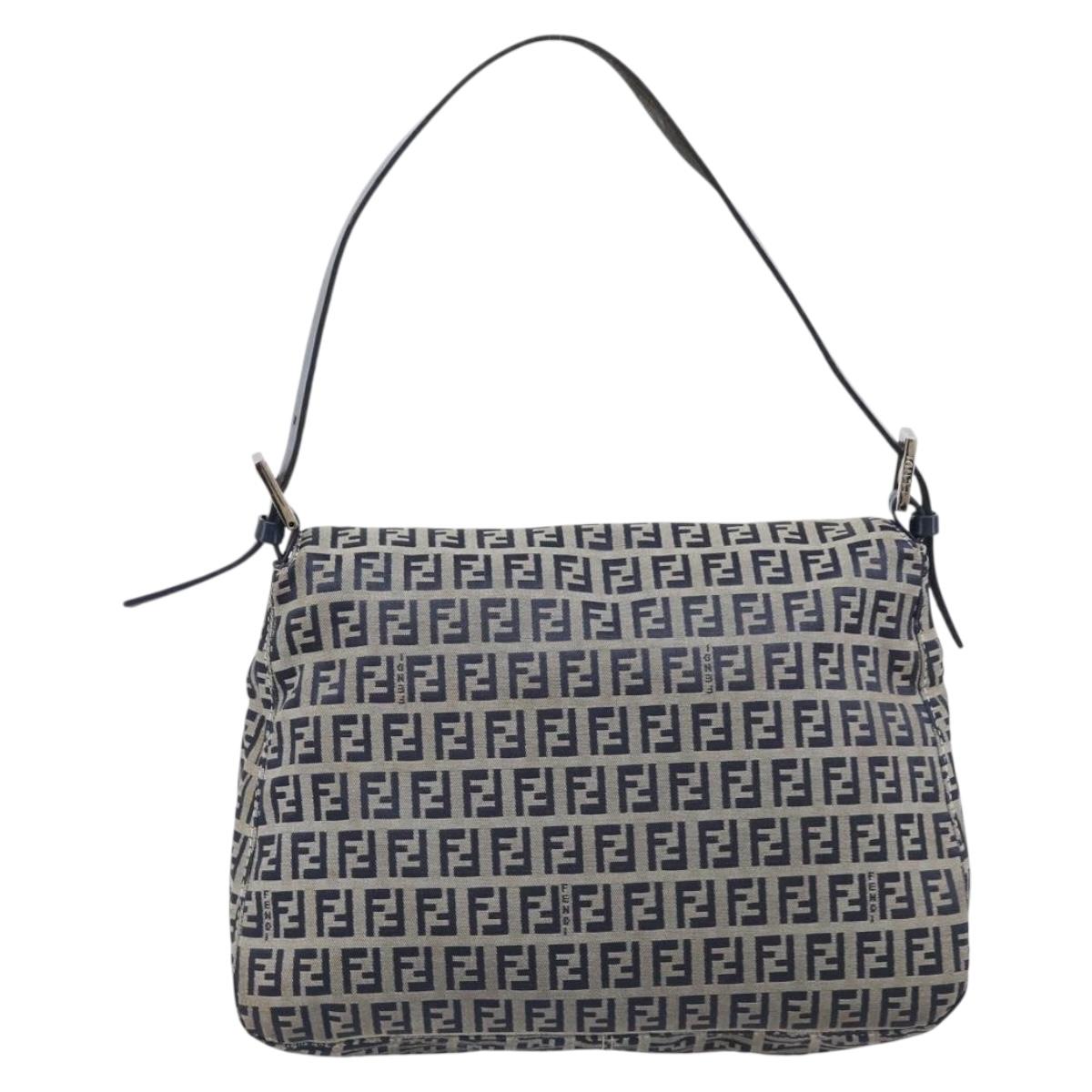 FENDI Zucchino Canvas Mamma Baguette Shoulder Bag Navy Silver 26325 Auth 209921V