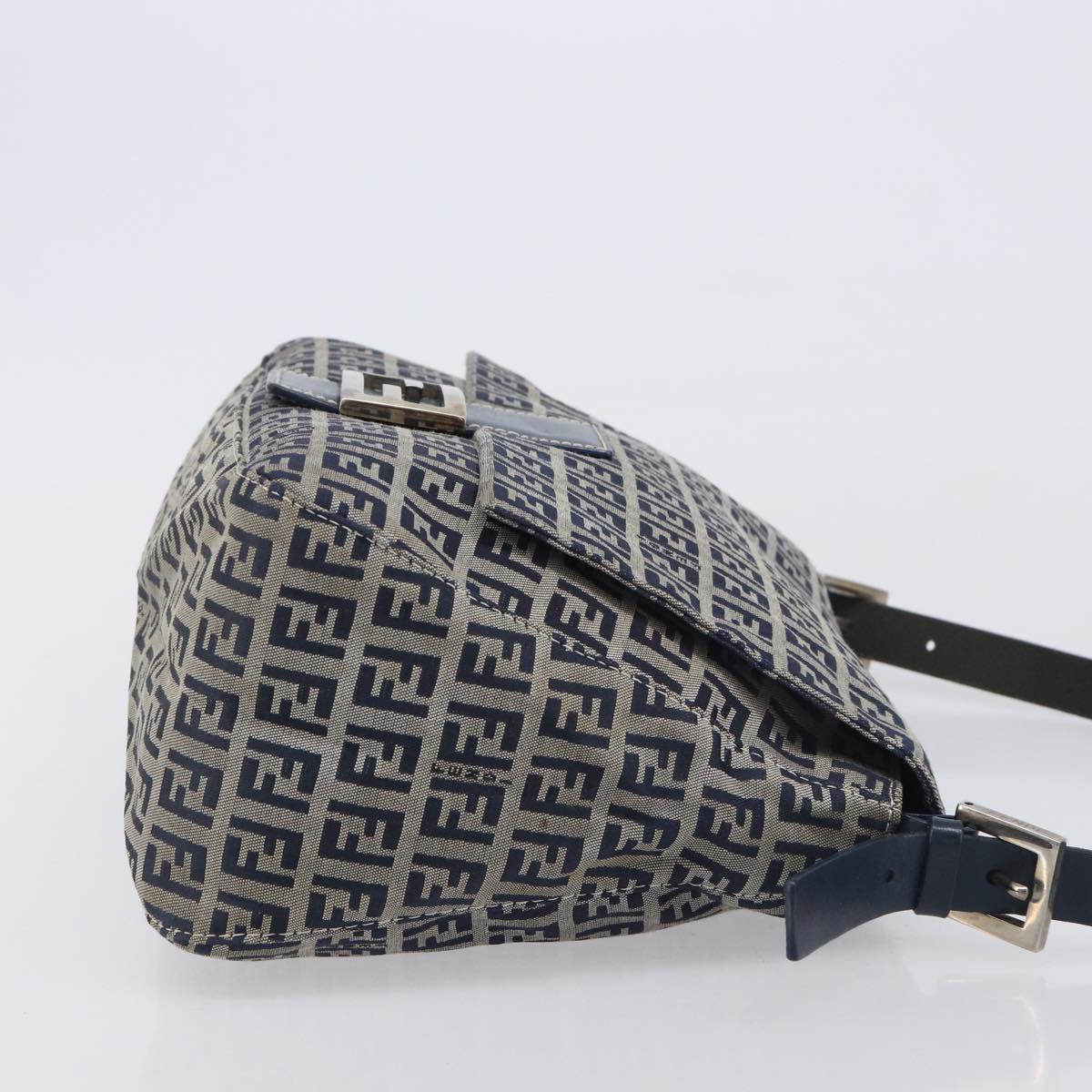 FENDI Zucchino Canvas Mamma Baguette Shoulder Bag Navy Silver 26325 Auth 209921V