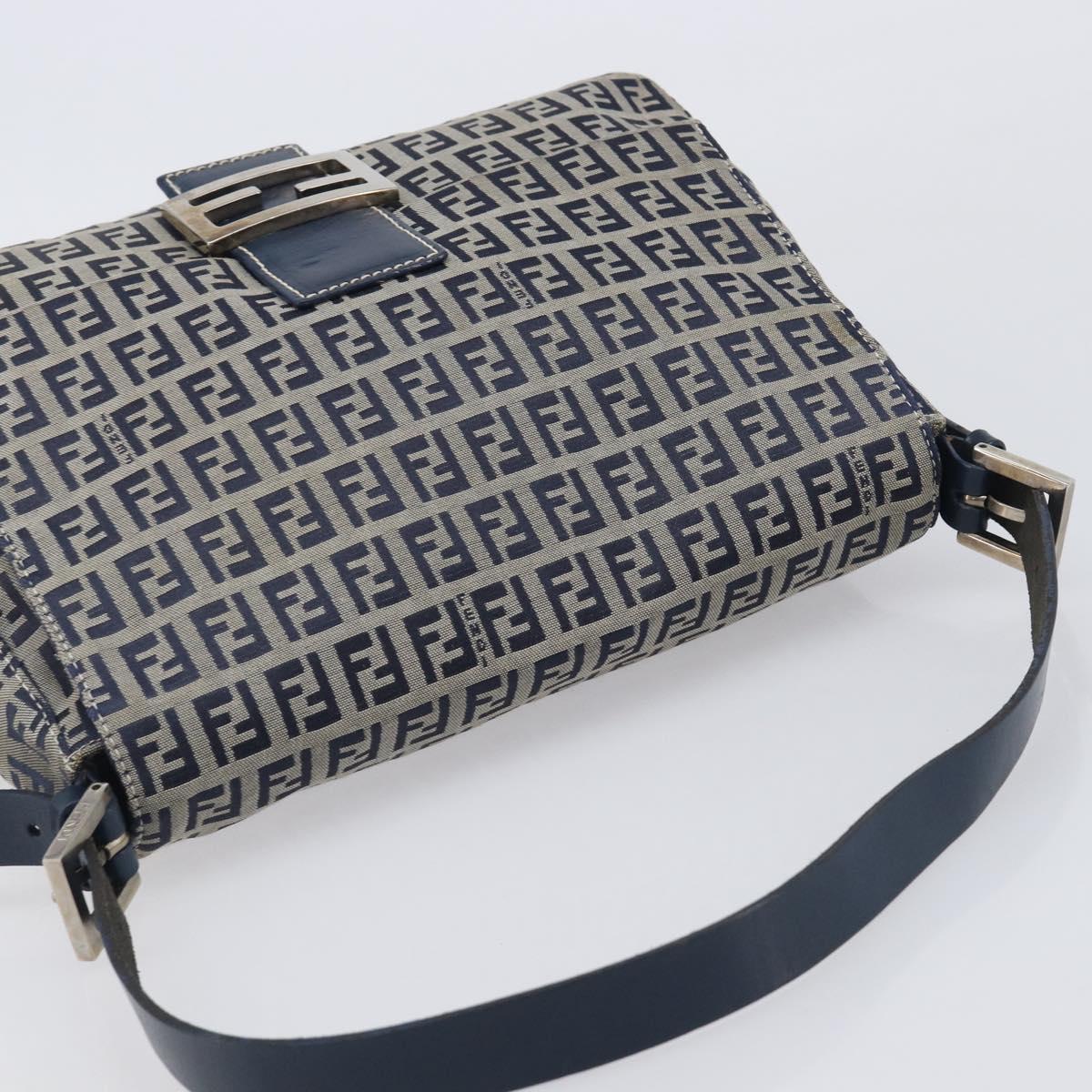 FENDI Zucchino Canvas Mamma Baguette Shoulder Bag Navy Silver 26325 Auth 209921V