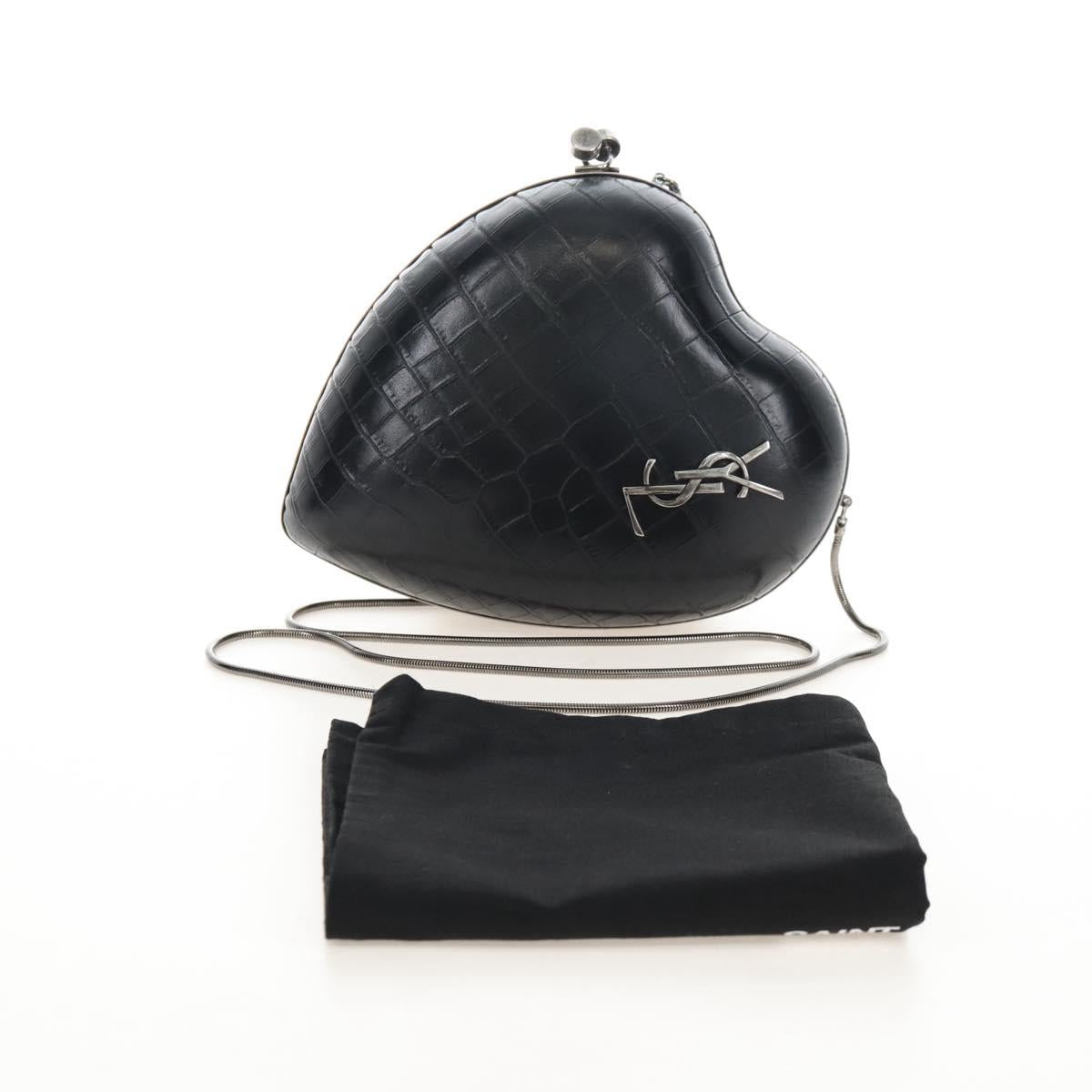 Saint Laurent Chain Love Box Shoulder Bag Leather Black Silver Auth 209941M