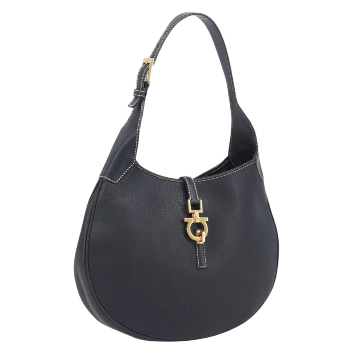 Salvatore Ferragamo Gancini Shoulder Bag Leather Black Gold Auth 209958A
