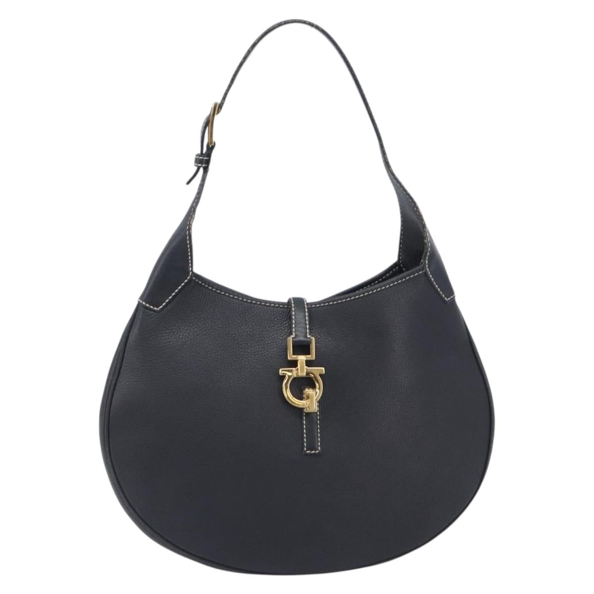 Salvatore Ferragamo Gancini Shoulder Bag Leather Black Gold Auth 209958A