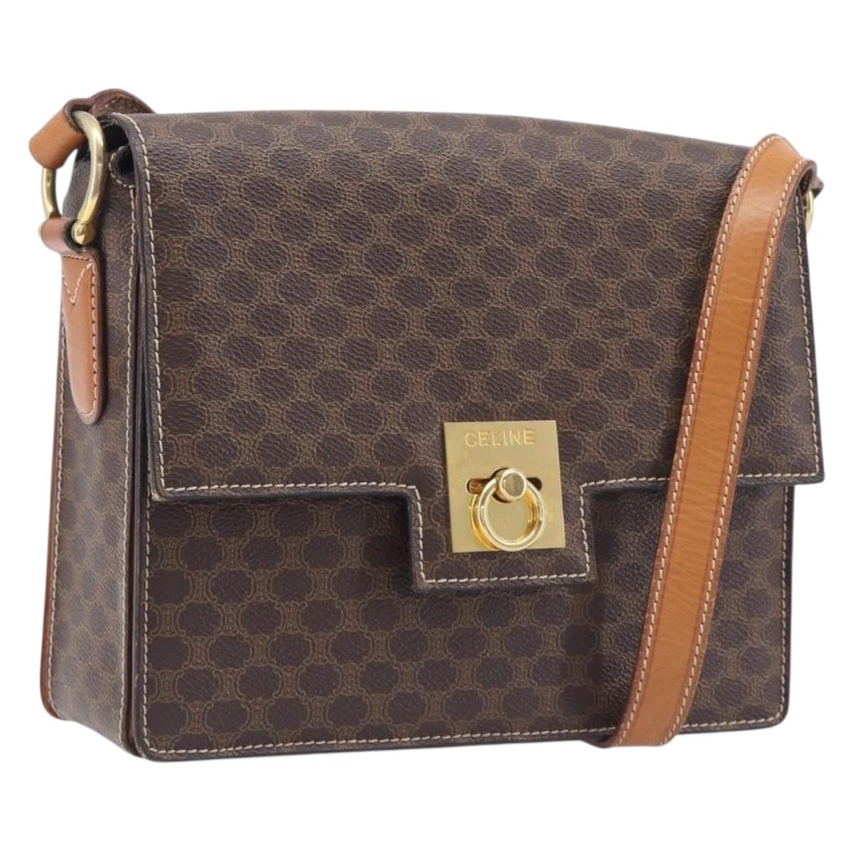 CELINE Macadam Canvas Shoulder Bag PVC Leather Brown Gold Auth 209978A