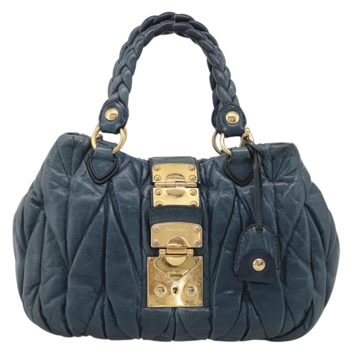 Miu Miu Hand Bag Vitellolux 2way Navy Gold Auth 209982A