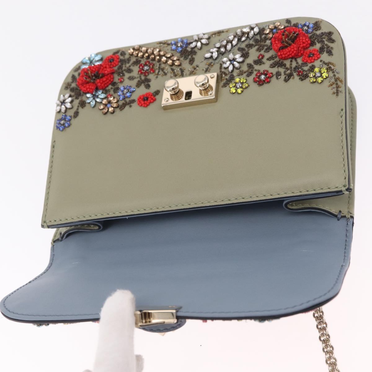 Valentino Chain Shoulder Bag Leather Light Blue Gold Auth 209984V