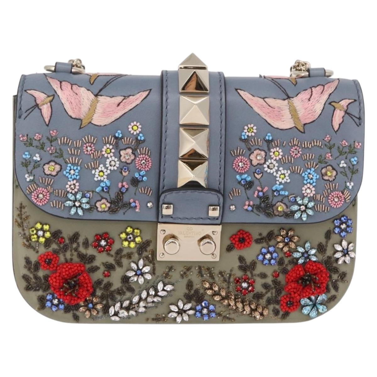 Valentino Chain Shoulder Bag Leather Light Blue Gold Auth 209984V