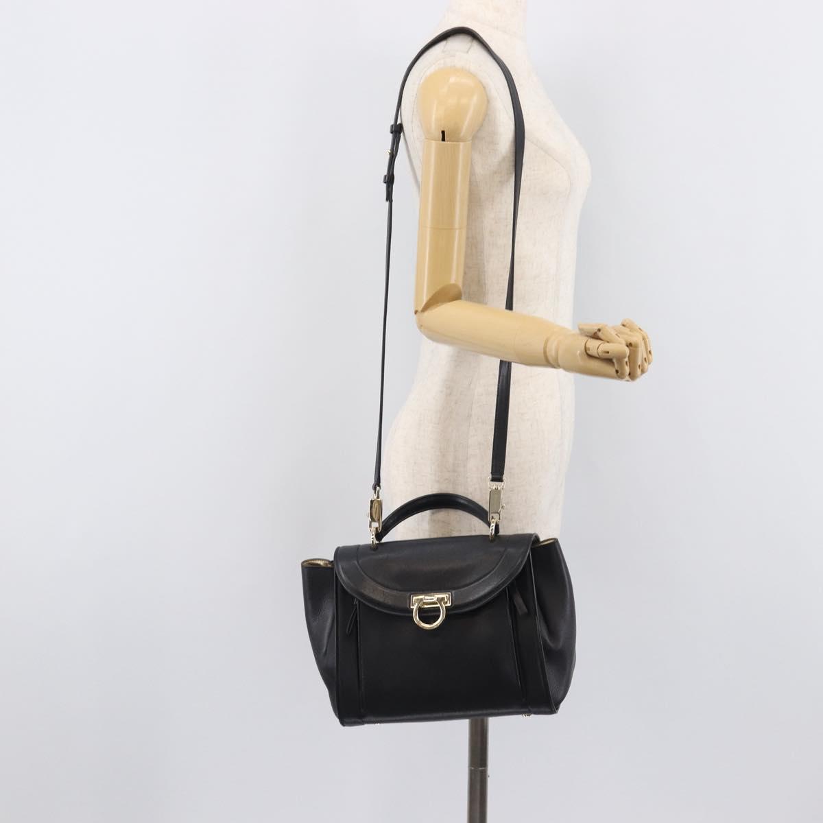 Salvatore Ferragamo Gancini Hand Bag Leather 2way Black Gold Auth 209987A