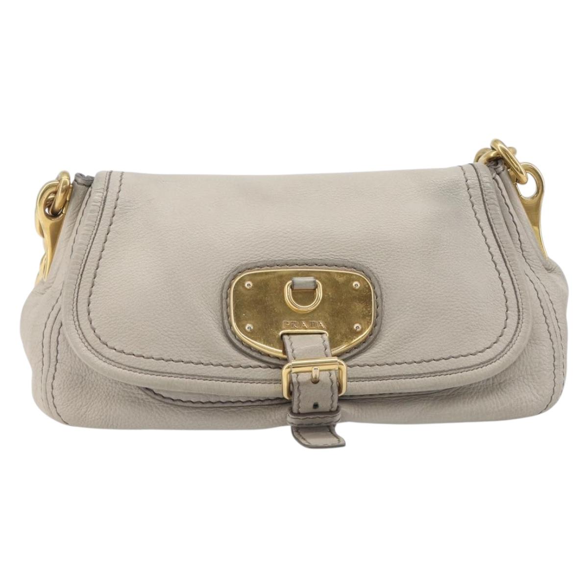 PRADA Chain Shoulder Bag Vittero Dino Leather Beige Gold Auth 209990A