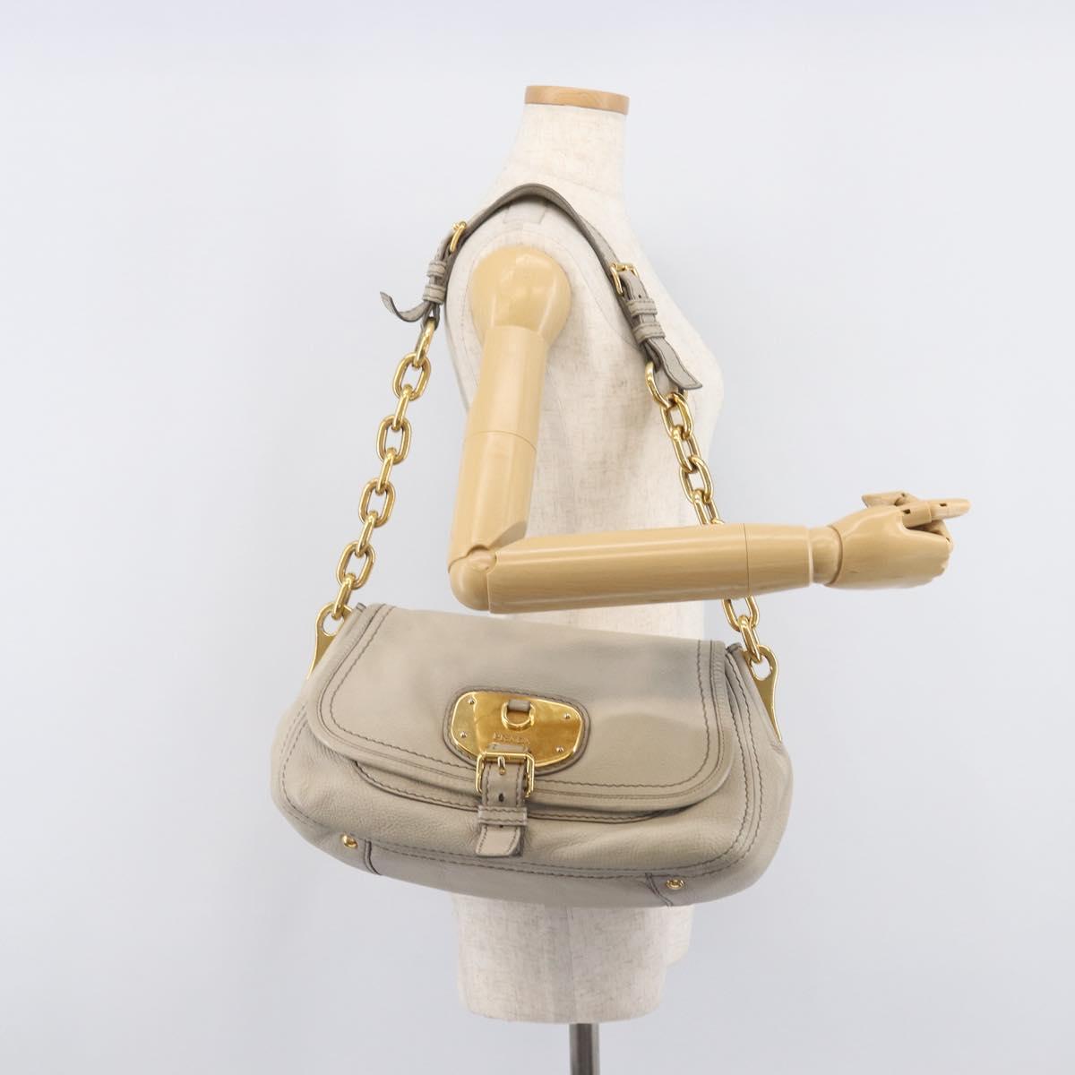 PRADA Chain Shoulder Bag Vittero Dino Leather Beige Gold Auth 209990A