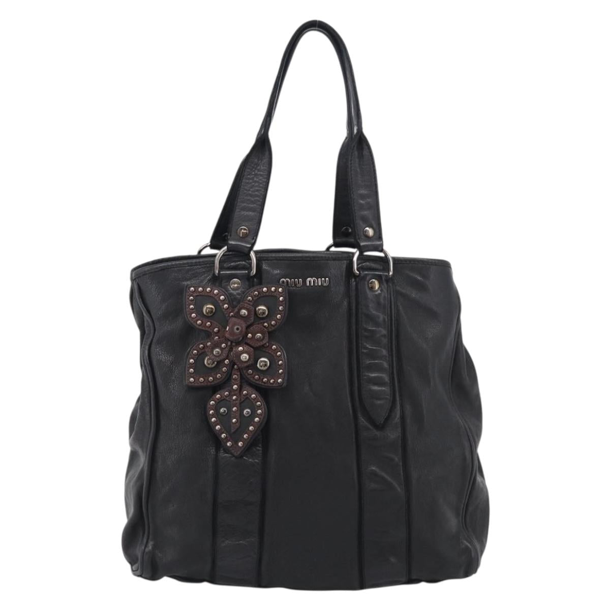 Miu Miu Tote Bag Leather Black Silver Auth 209991V