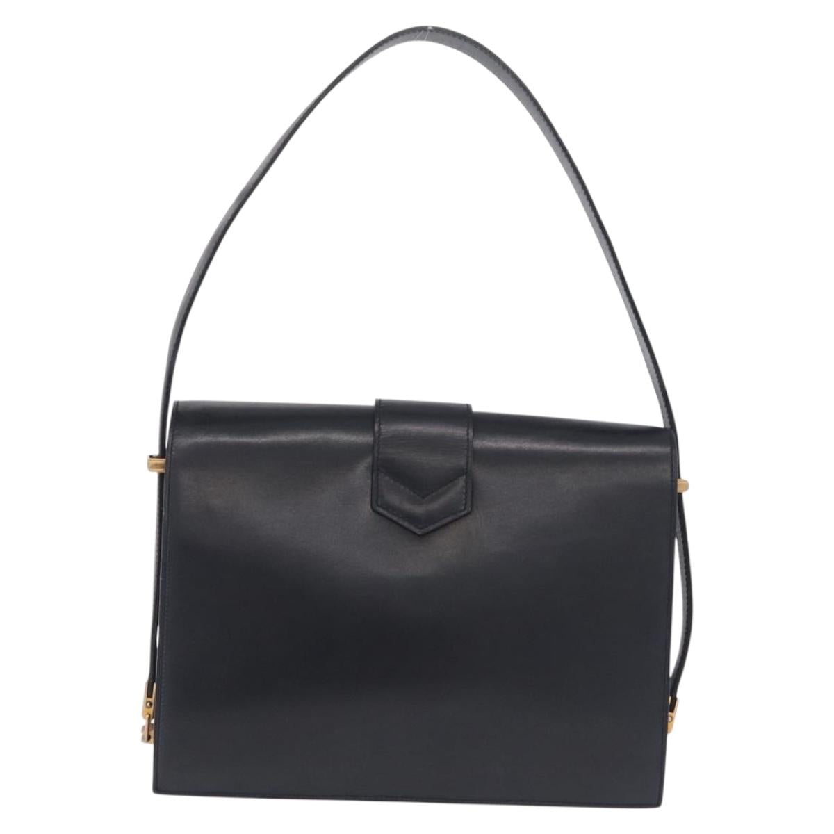 CELINE Shoulder Bag Leather Navy Gold Auth 210013