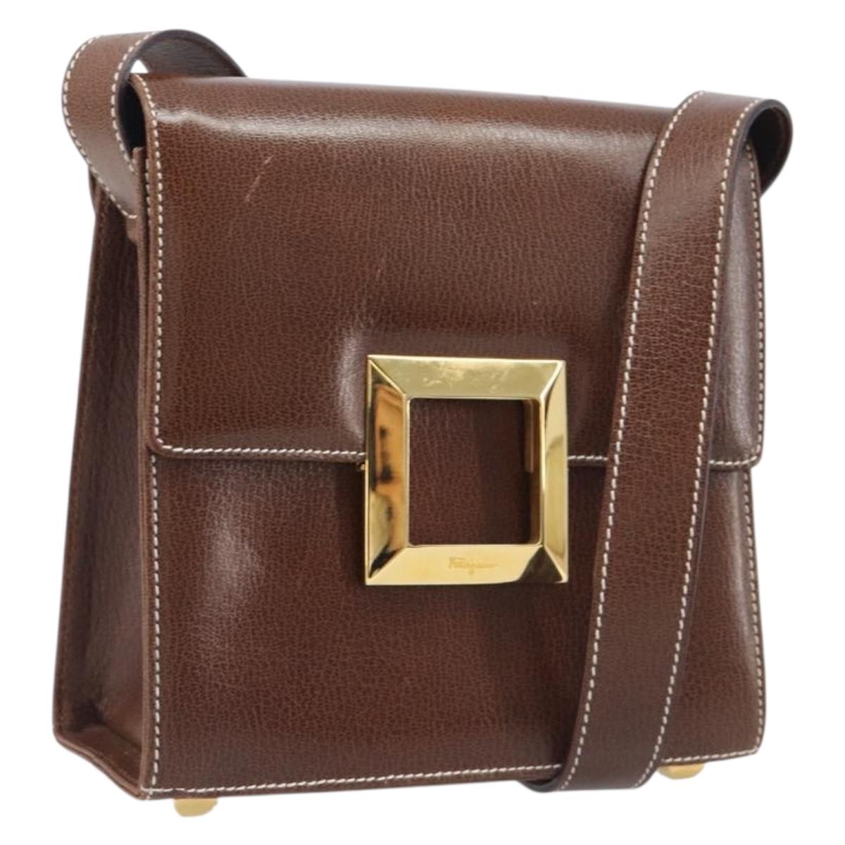 Salvatore Ferragamo Shoulder Bag Leather Brown Gold Auth 210018A