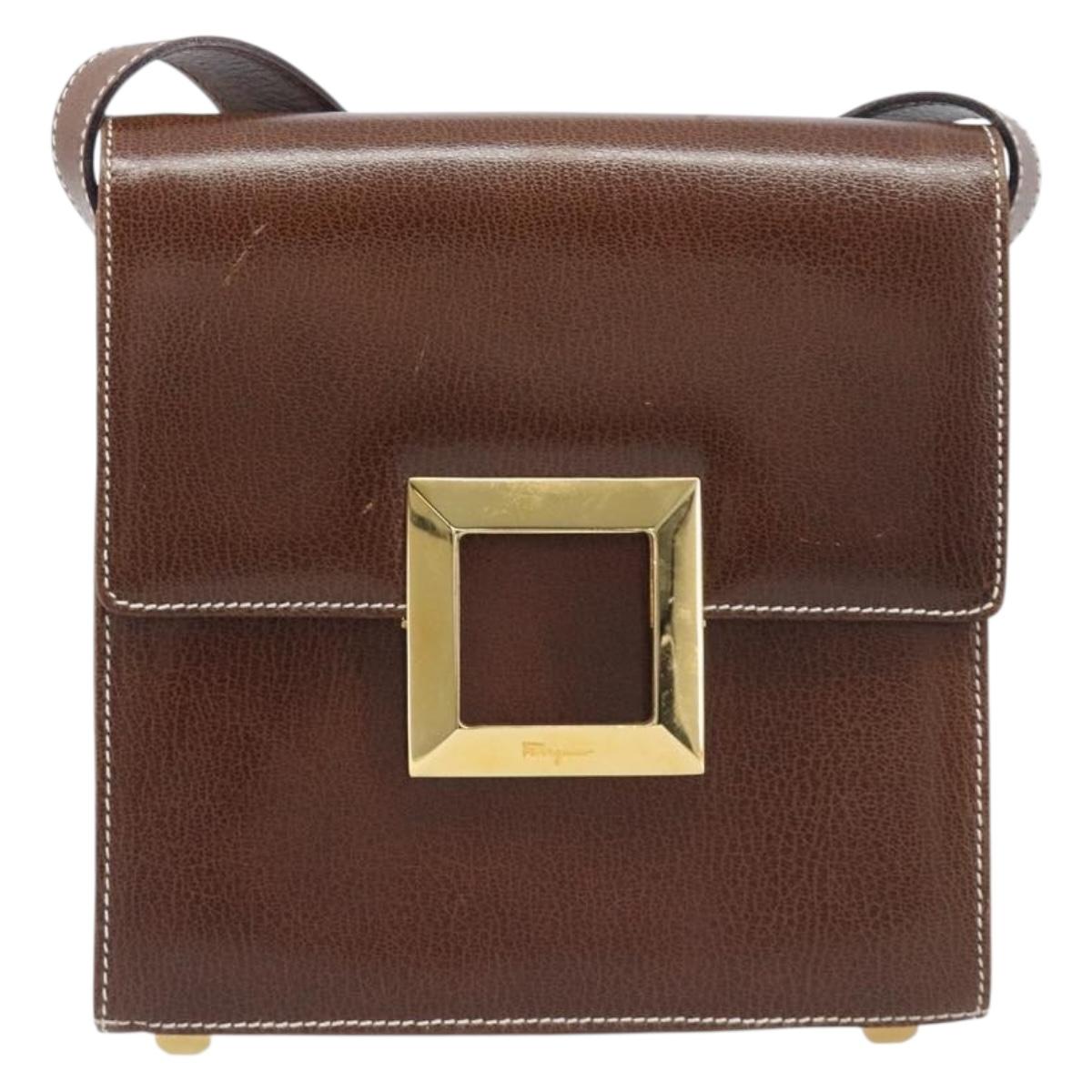 Salvatore Ferragamo Shoulder Bag Leather Brown Gold Auth 210018A