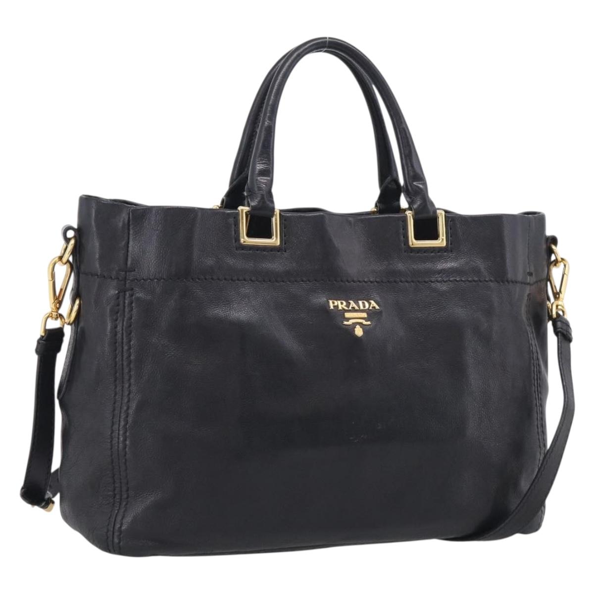 PRADA Hand Bag Vittero Dino Leather 2way Black Gold Auth 210036A