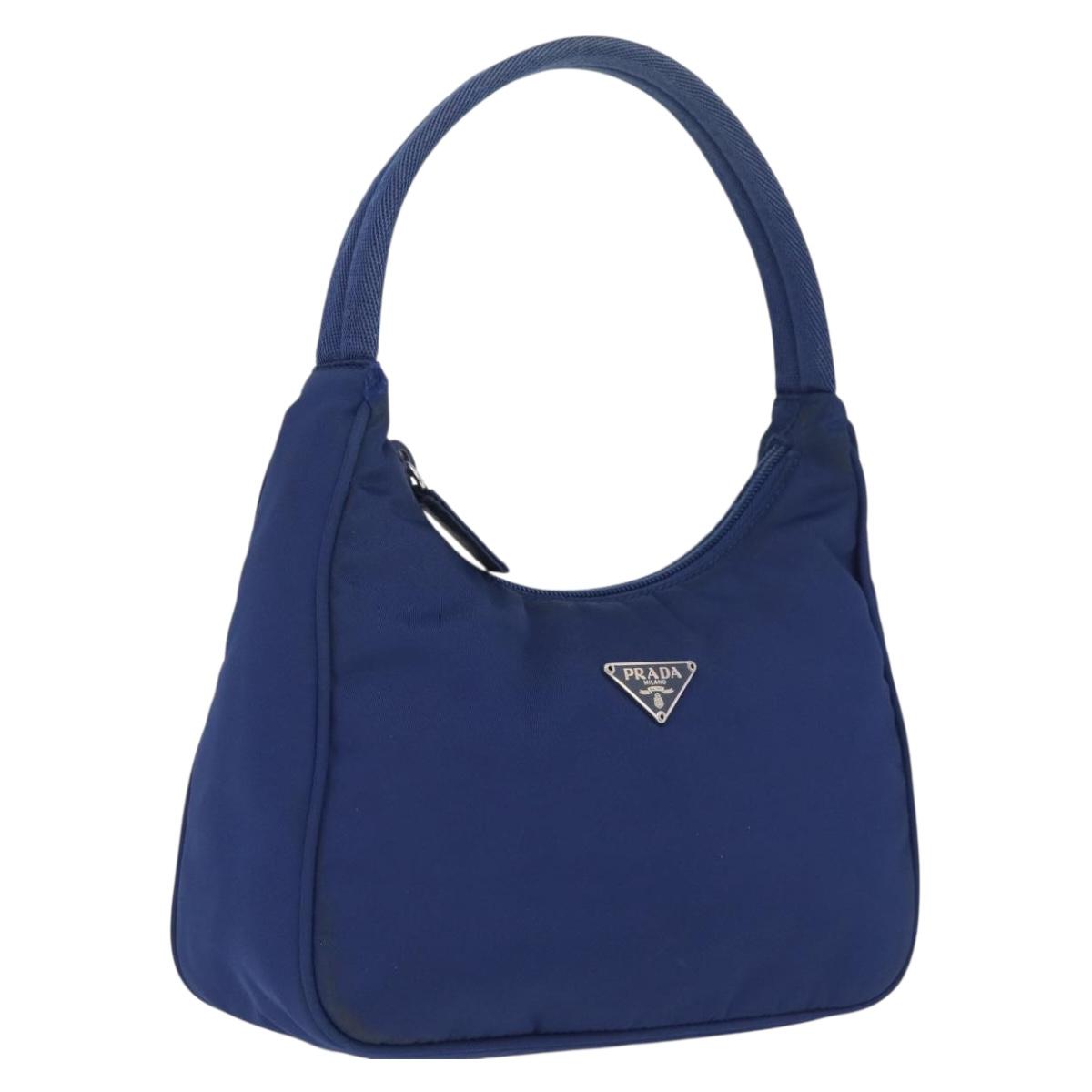 PRADA Hand Pouch Hand Bag Nylon Blue Silver Auth 210051A