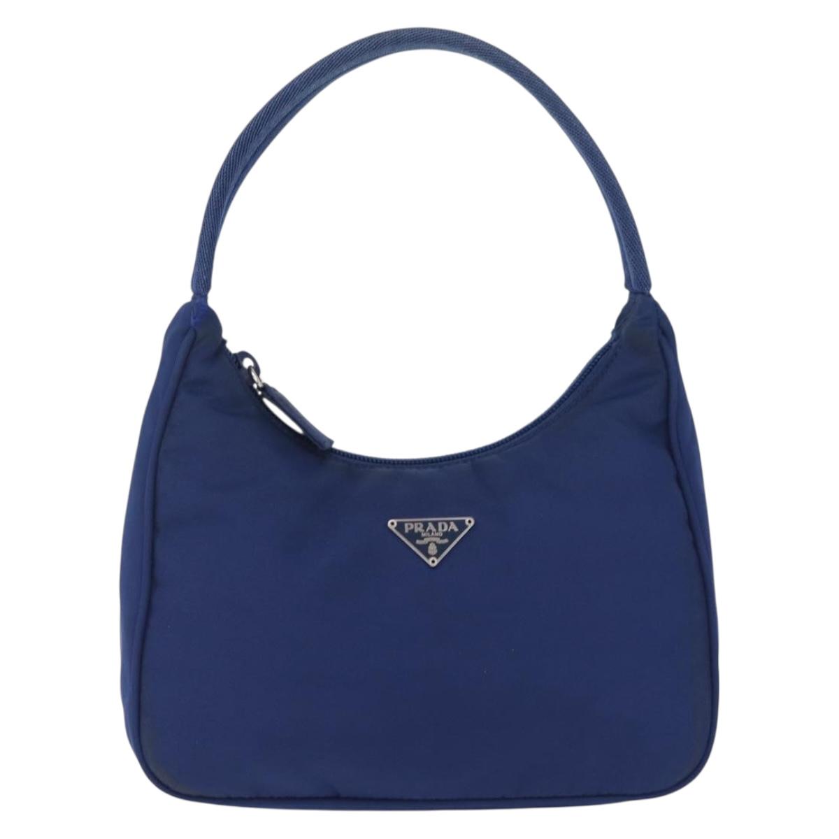PRADA Hand Pouch Hand Bag Nylon Blue Silver Auth 210051A
