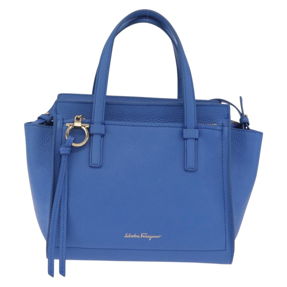 Salvatore Ferragamo Gancini Amy Hand Bag Leather 2way Blue Gold Auth 210060V