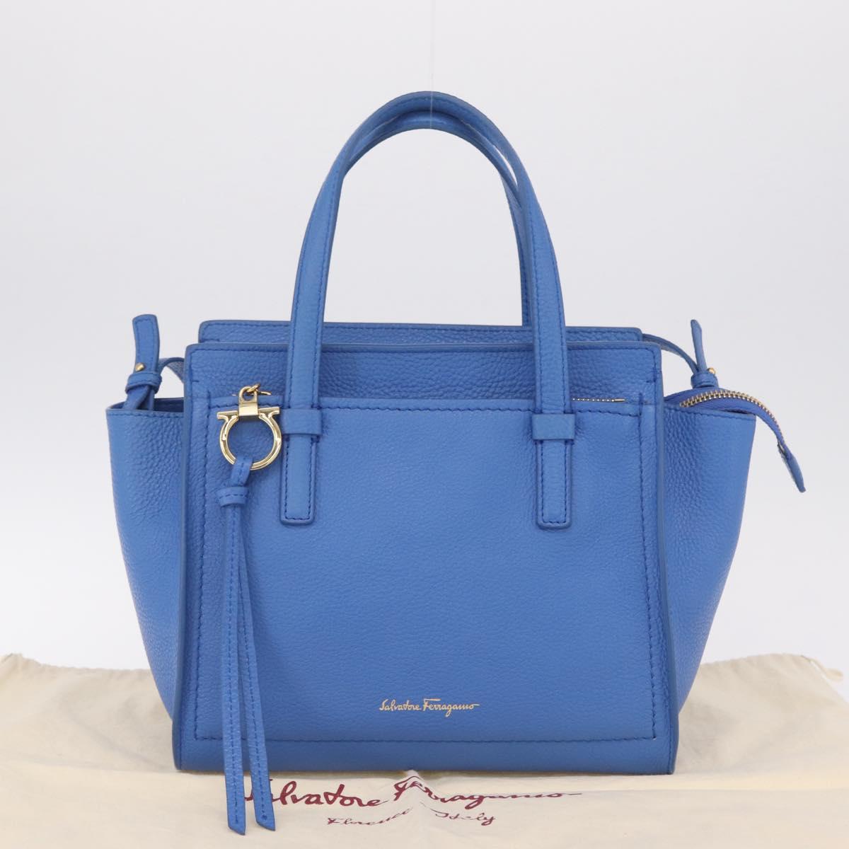 Salvatore Ferragamo Gancini Amy Hand Bag Leather 2way Blue Gold Auth 210060V