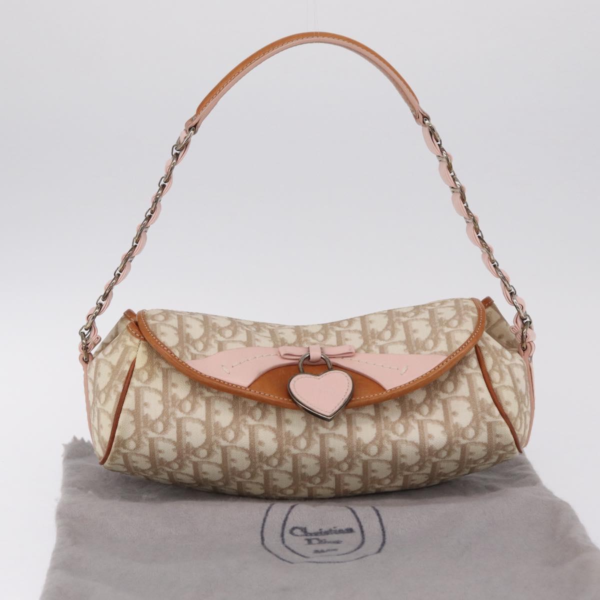 Christian Dior Trotter Canvas Romantic Chain Bag PVC Beige Silver Auth 210075A