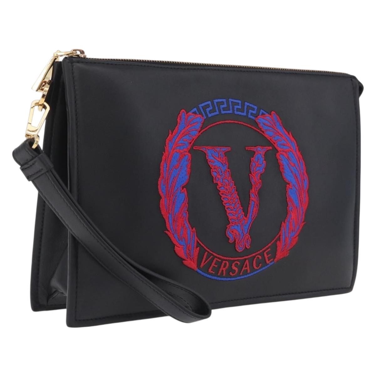 VERSACE Clutch Bag Leather Black Gold Auth 210078A