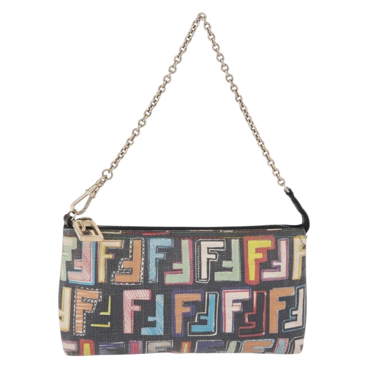 FENDI Zucca Canvas Chain Shoulder Pouch PVC Multicolor Gold Auth 210098A