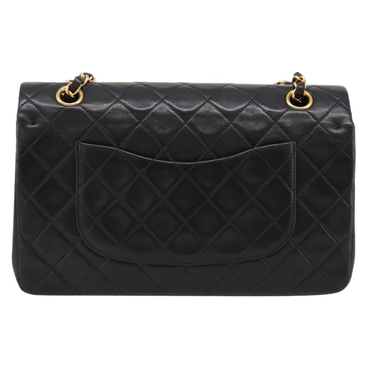 CHANEL Matelasse 25 Chain Shoulder Bag Lamb Skin Black Gold CC Auth 210136SAM