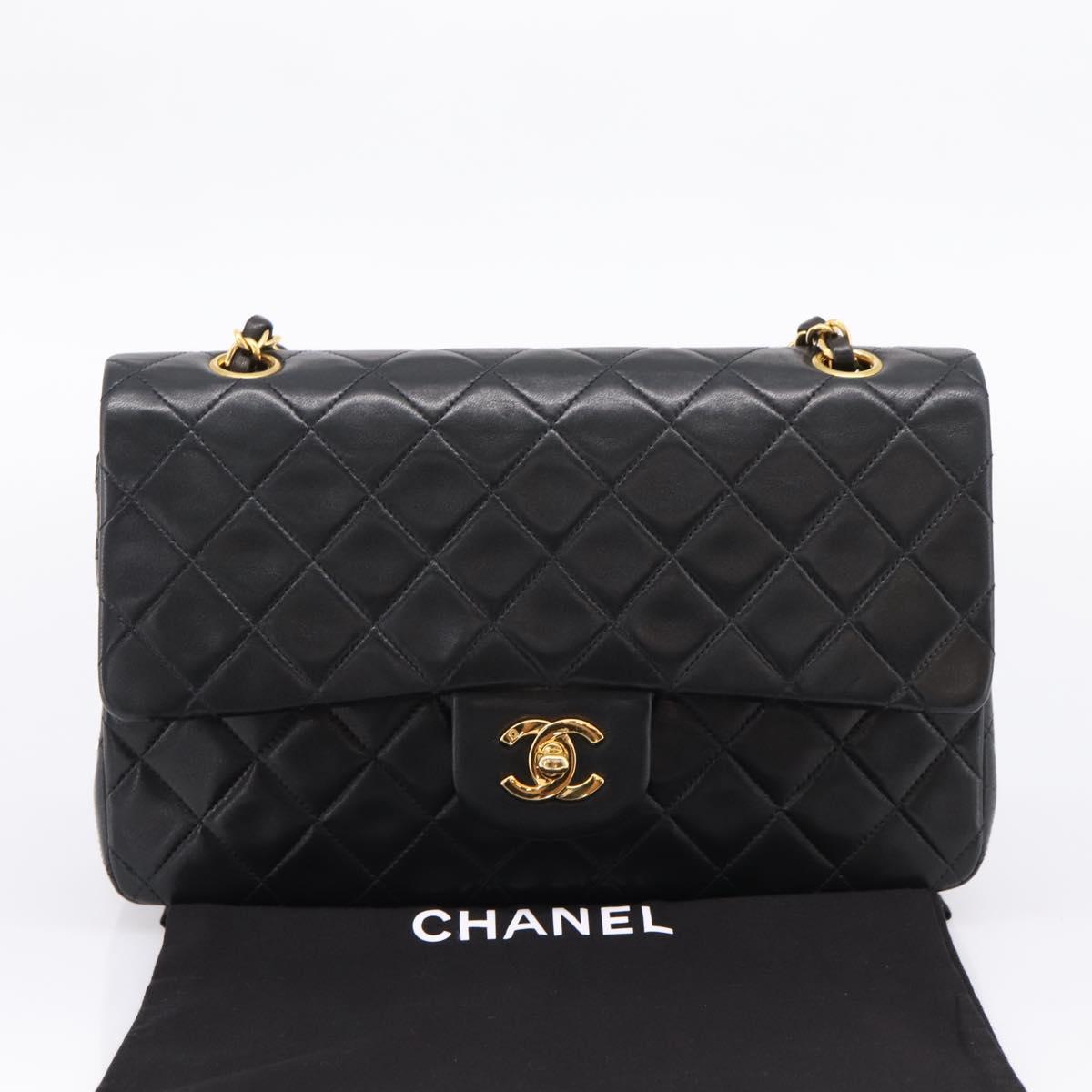 CHANEL Matelasse 25 Chain Shoulder Bag Lamb Skin Black Gold CC Auth 210136SAM