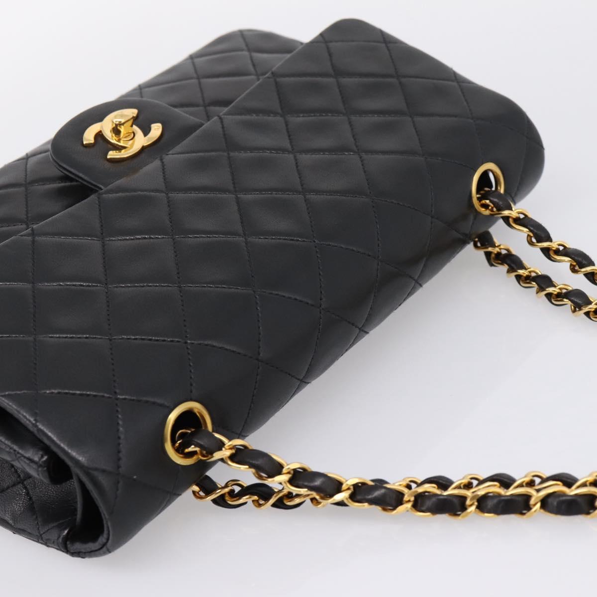 CHANEL Matelasse 25 Chain Shoulder Bag Lamb Skin Black Gold CC Auth 210136SAM