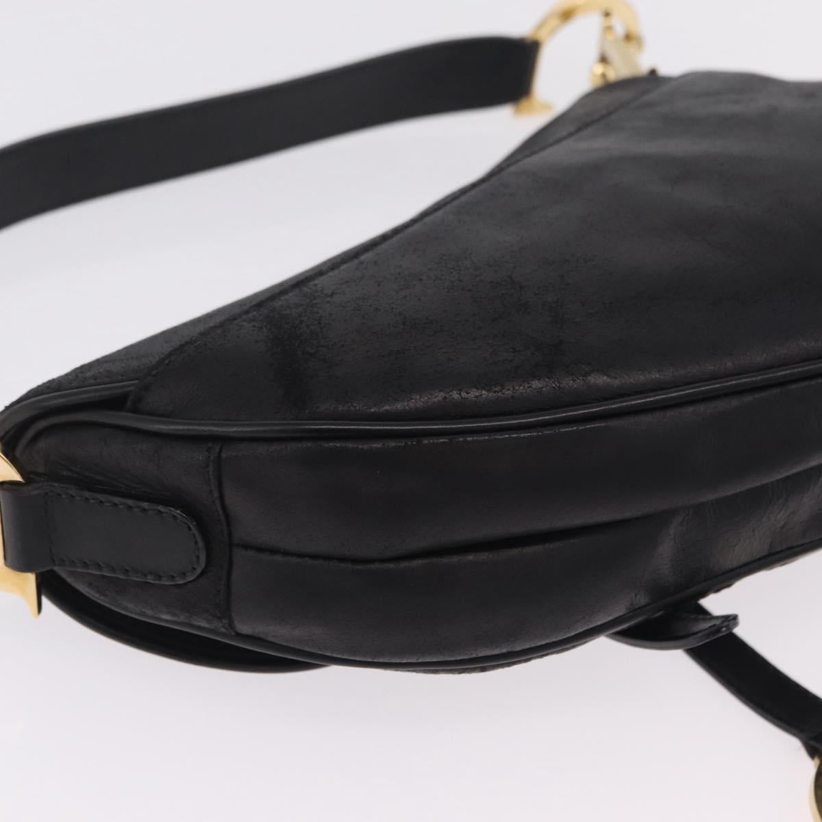 Christian Dior Saddle Shoulder Bag Leather Black Gold Auth 210137M