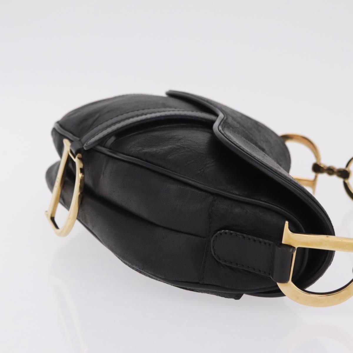 Christian Dior Saddle Shoulder Bag Leather Black Gold Auth 210137M