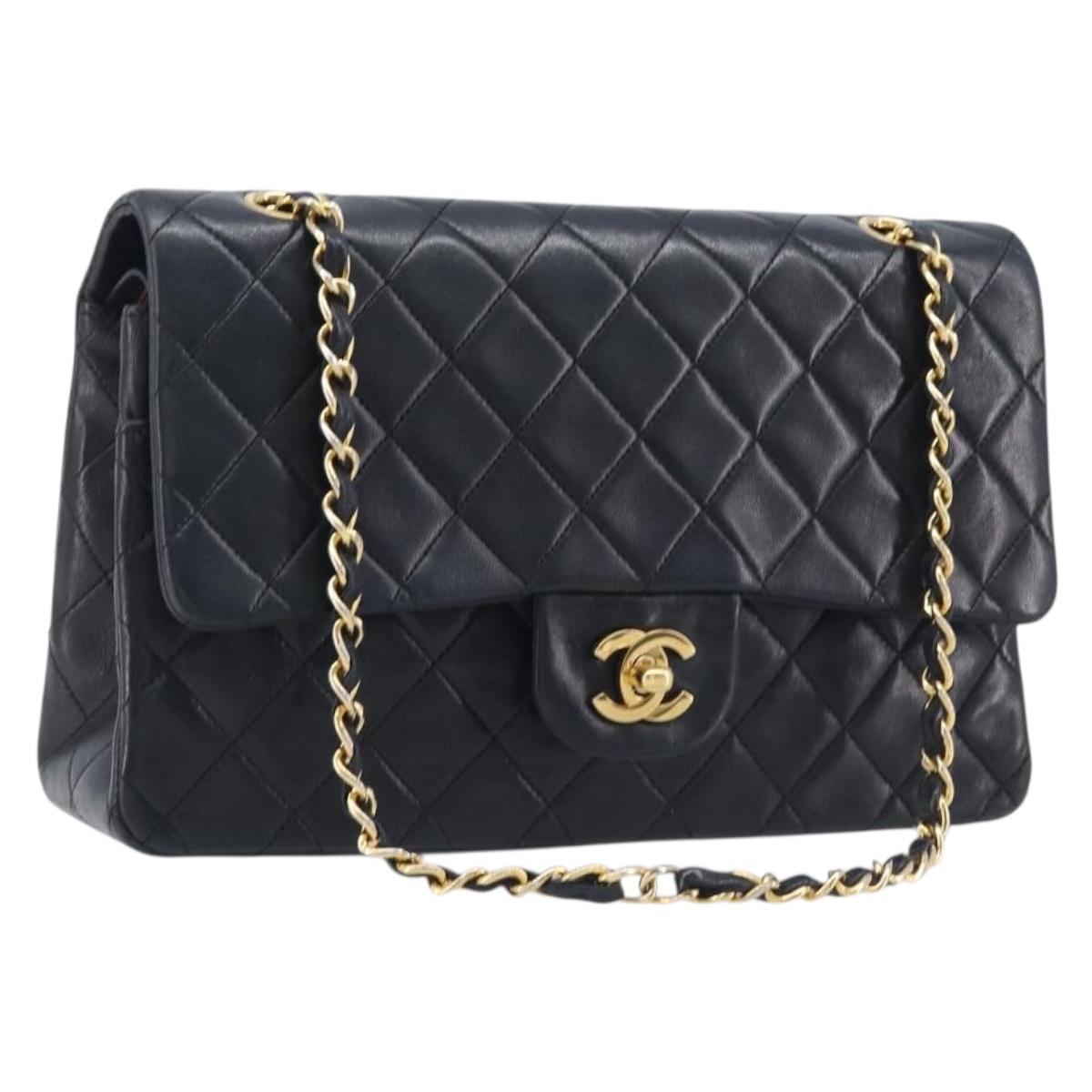CHANEL Matelasse25 Chain Shoulder Bag Lamb Skin Black Gold CC Auth 210139SAM