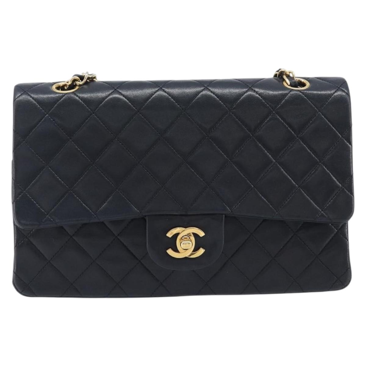 CHANEL Matelasse25 Chain Shoulder Bag Lamb Skin Black Gold CC Auth 210139SAM