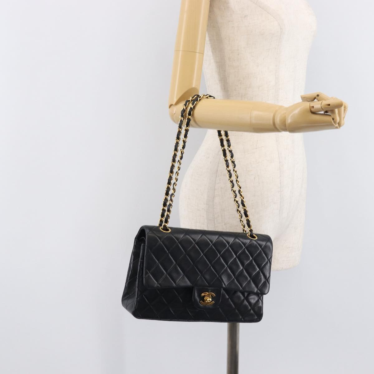 CHANEL Matelasse25 Chain Shoulder Bag Lamb Skin Black Gold CC Auth 210139SAM